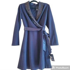 Adriana Papell Shirt Tuxedo Dress sequined collar NWT 10 deepnavy blue